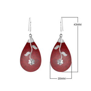 Sterling silver red shell teardrop earrings with floral vine design for wholesale jewelry buyers