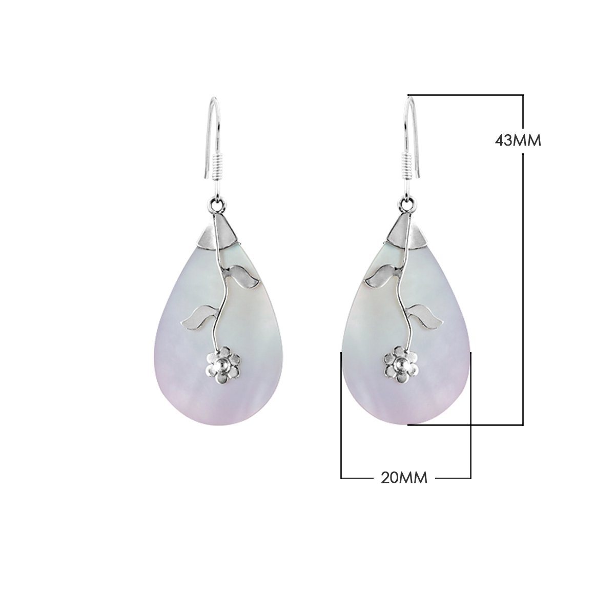 Sterling silver mother of pearl teardrop earrings with floral vine design for wholesale jewelry buyers