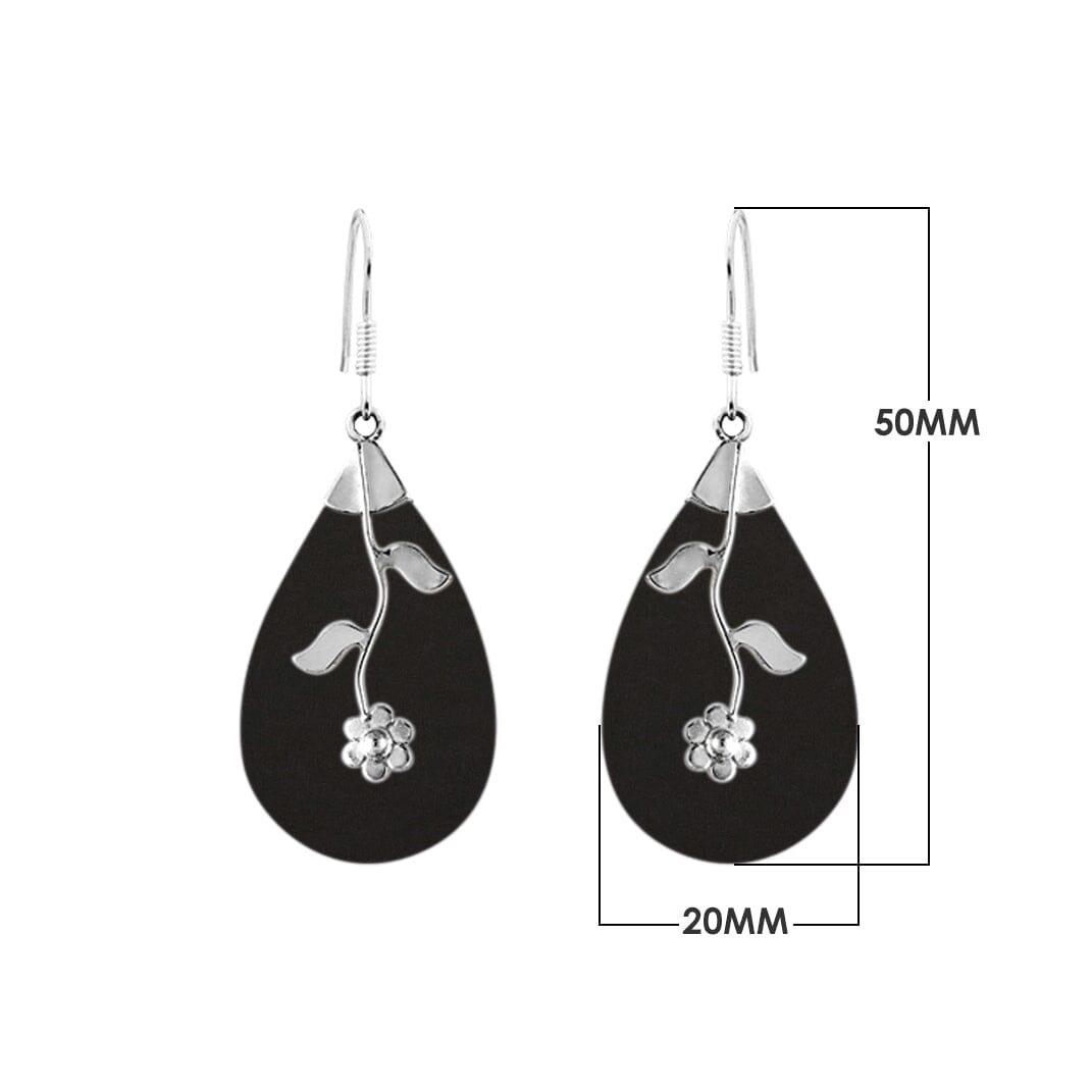 Sterling silver black shell teardrop earrings with floral vine design for wholesale jewelry buyers