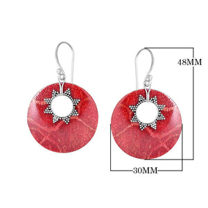 Sterling silver red shell round earrings with sunburst accent for wholesale jewelry buyers