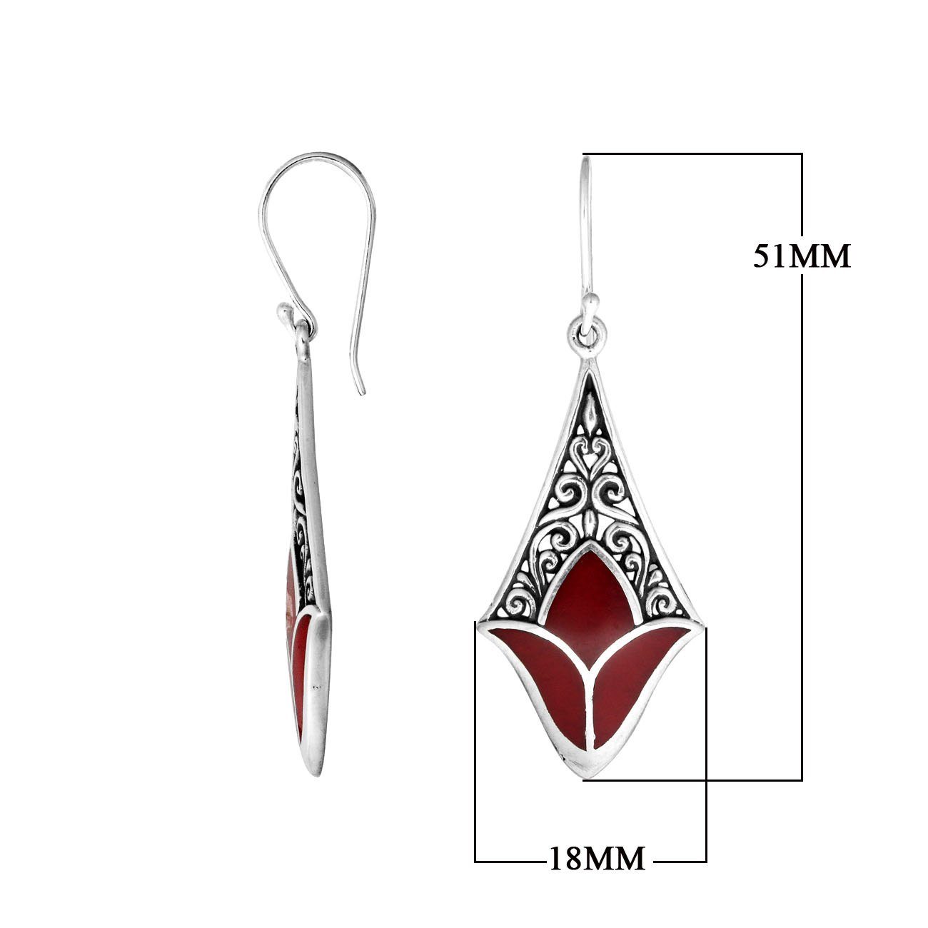 Sterling silver red shell filigree diamond earrings with intricate silver design for wholesale jewelry buyers