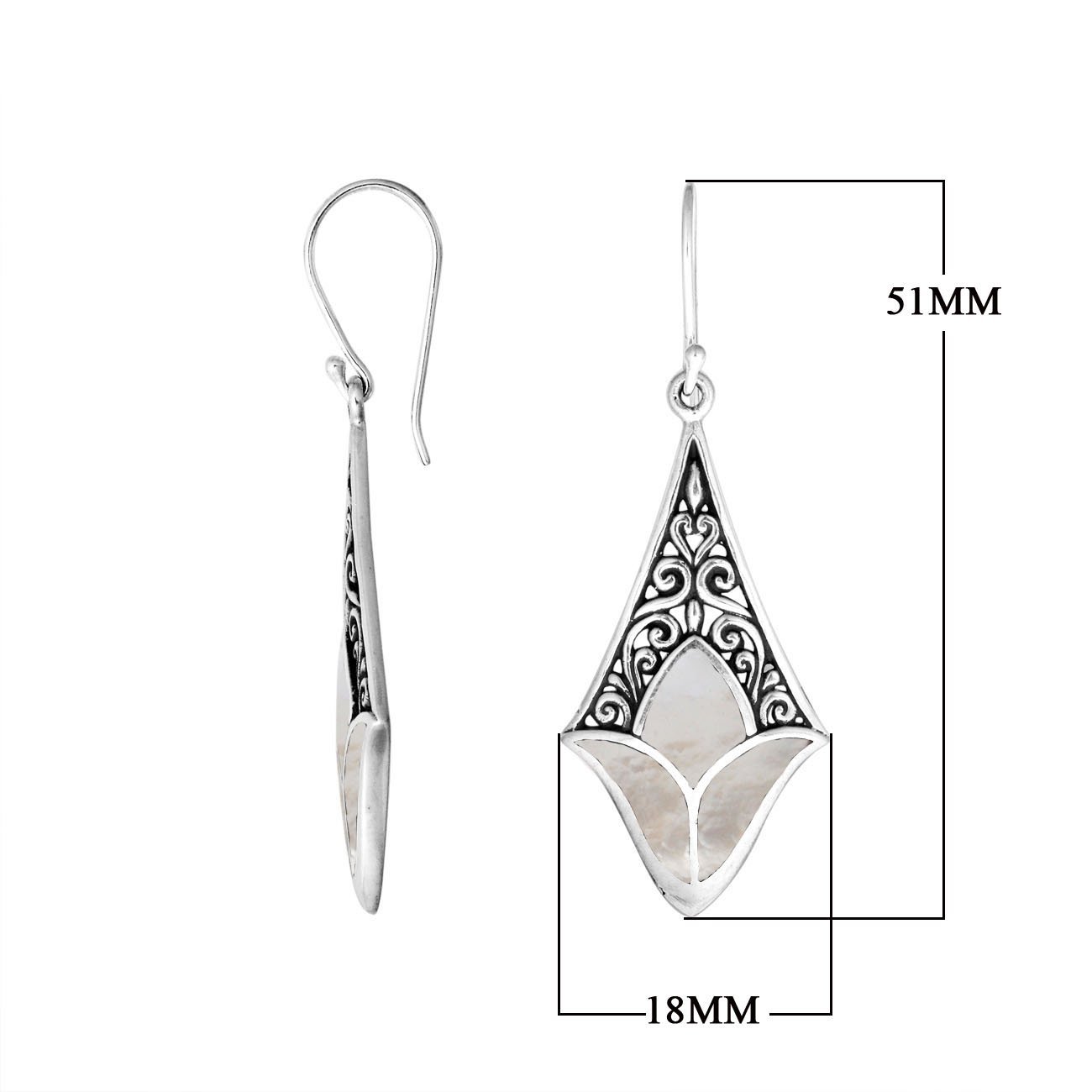 Sterling silver mother of pearl filigree diamond earrings with ornate silver design for wholesale jewelry buyers