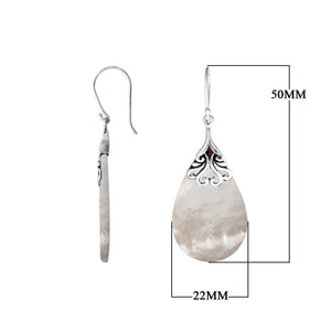 Sterling silver mother of pearl teardrop earrings with scroll accent design for wholesale jewelry buyers