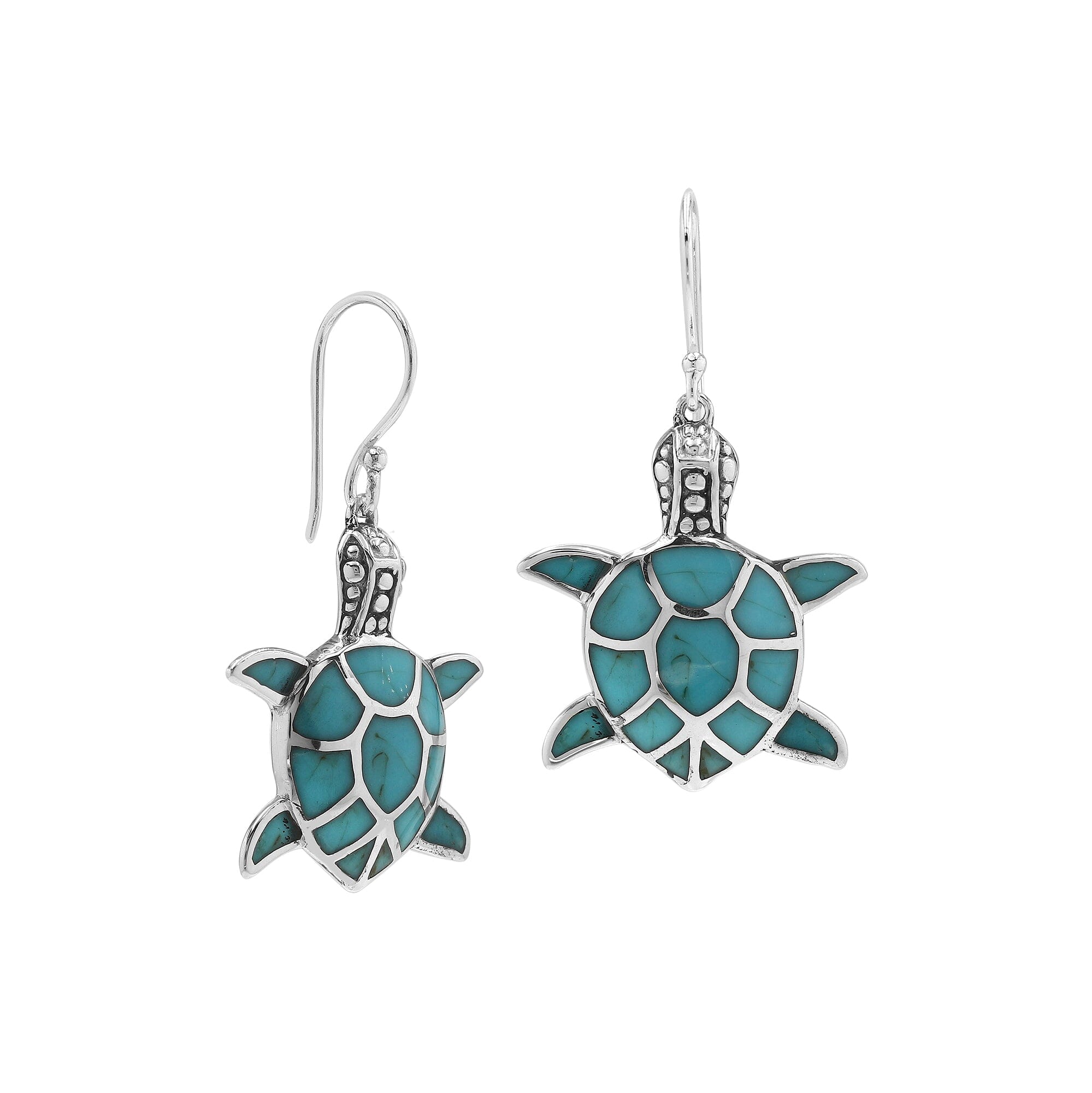 Sterling silver turtle earrings with turquoise shell, handcrafted for wholesale ocean-inspired jewelry collections