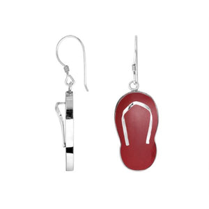 Wholesale sterling silver red coral flip flop earrings with coral inlay, handmade Bali beach jewelry for boutiques and retailers.