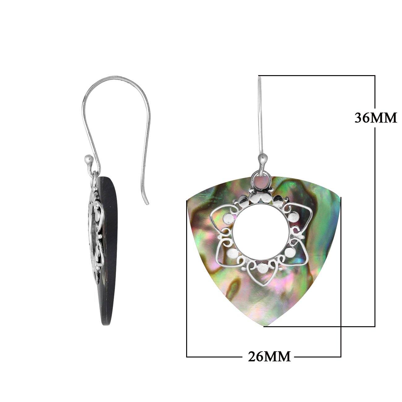“Wholesale sterling silver triangle earrings with Abalone Shell, handcrafted Bali jewelry with floral filigree for bulk orders”