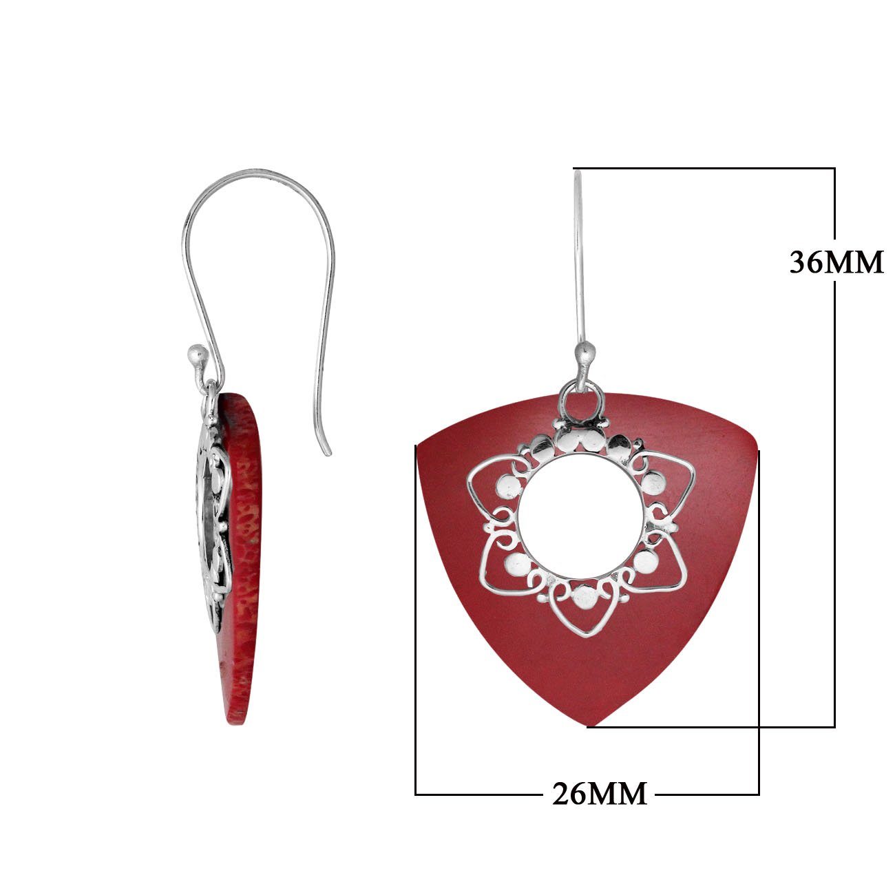 “Wholesale sterling silver triangle earrings with Red Coral, handcrafted Bali jewelry with floral filigree for bulk orders”