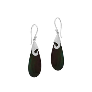 Wholesale sterling silver black shell teardrop earrings handcrafted in Bali with swirl silver detail