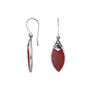 Wholesale sterling silver marquise earrings with red coral inlay and Balinese scroll detailing, handcrafted in Bali