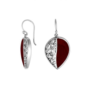 Sterling silver teardrop earrings with Red Coral and Balinese scroll design.