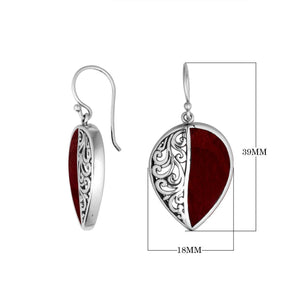 Sterling silver teardrop earrings with Red Coral and Balinese scroll design.