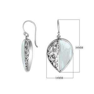 Sterling silver teardrop earrings with Mother of Pearl and Balinese scrollwork design.