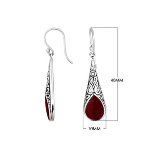 Sterling silver long teardrop earrings with Red Coral and Balinese scrollwork design.