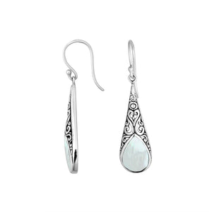 Sterling silver long teardrop earrings with Mother of Pearl and Balinese scrollwork.