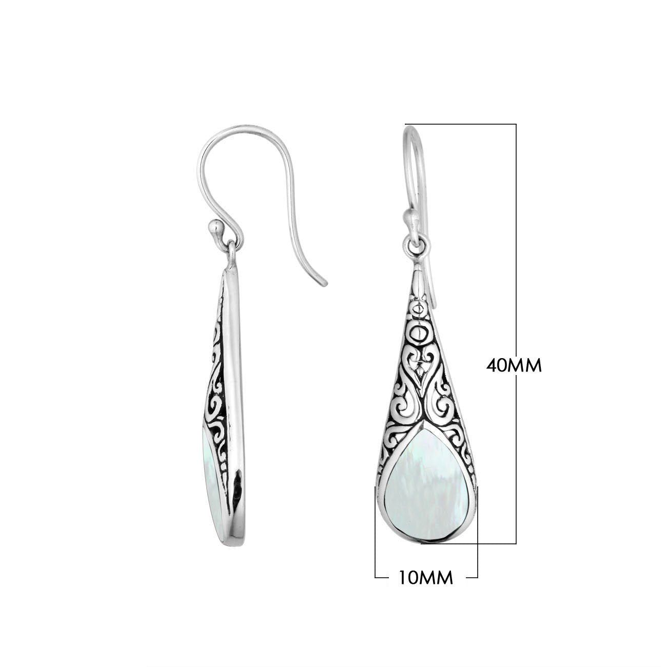 Sterling silver long teardrop earrings with Mother of Pearl and Balinese scrollwork.