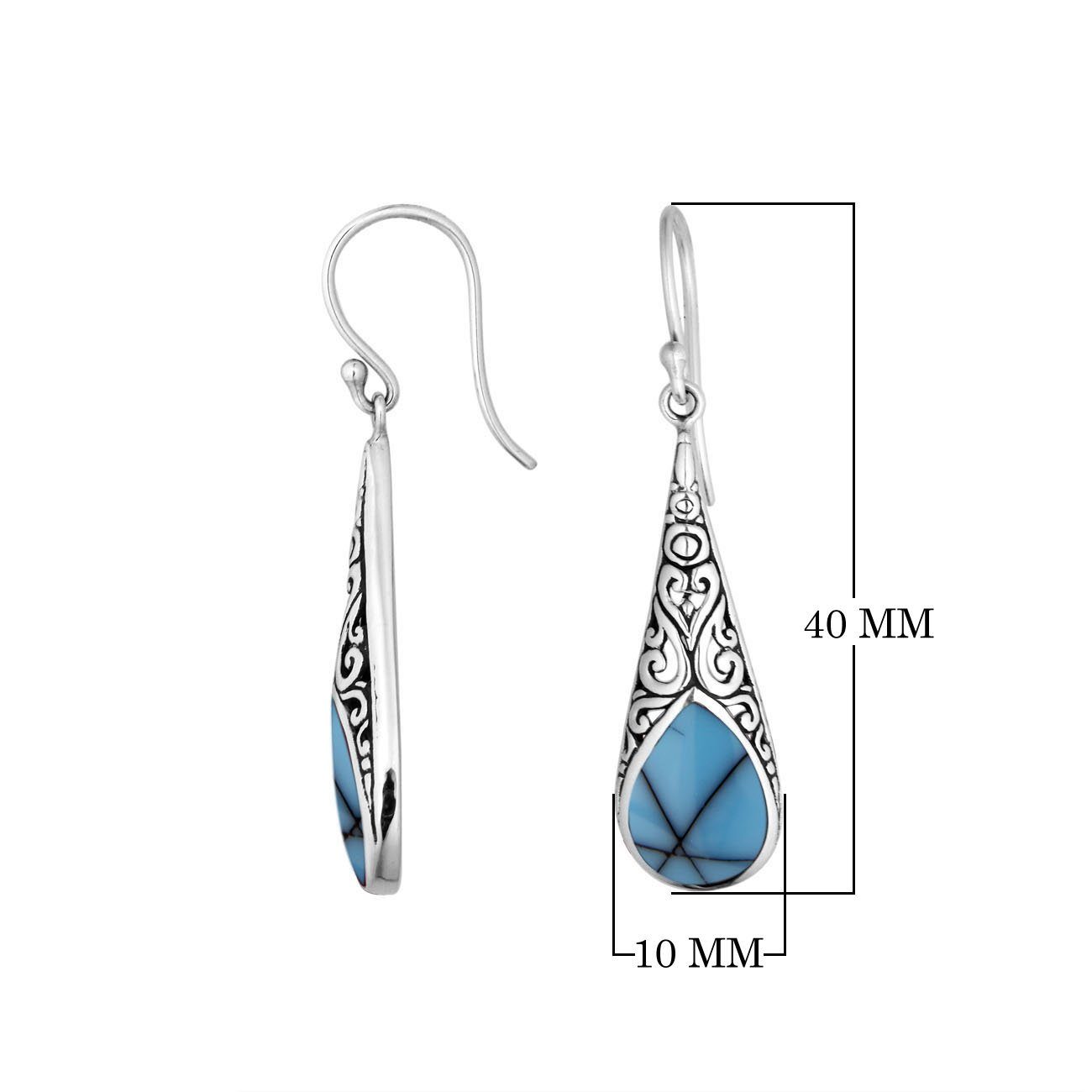 Sterling silver long teardrop earrings with Turquoise Shell and Balinese scrollwork.