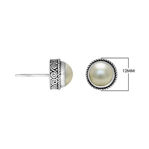 Sterling silver stud earrings with White Pearls and Balinese swirl detailing.
