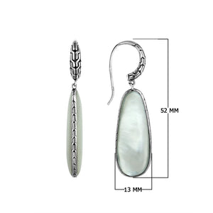 Sterling Silver Mother Of Pearl Shell Drop Earrings featuring teardrop design with textured silver edge and glossy mirror-polished finish