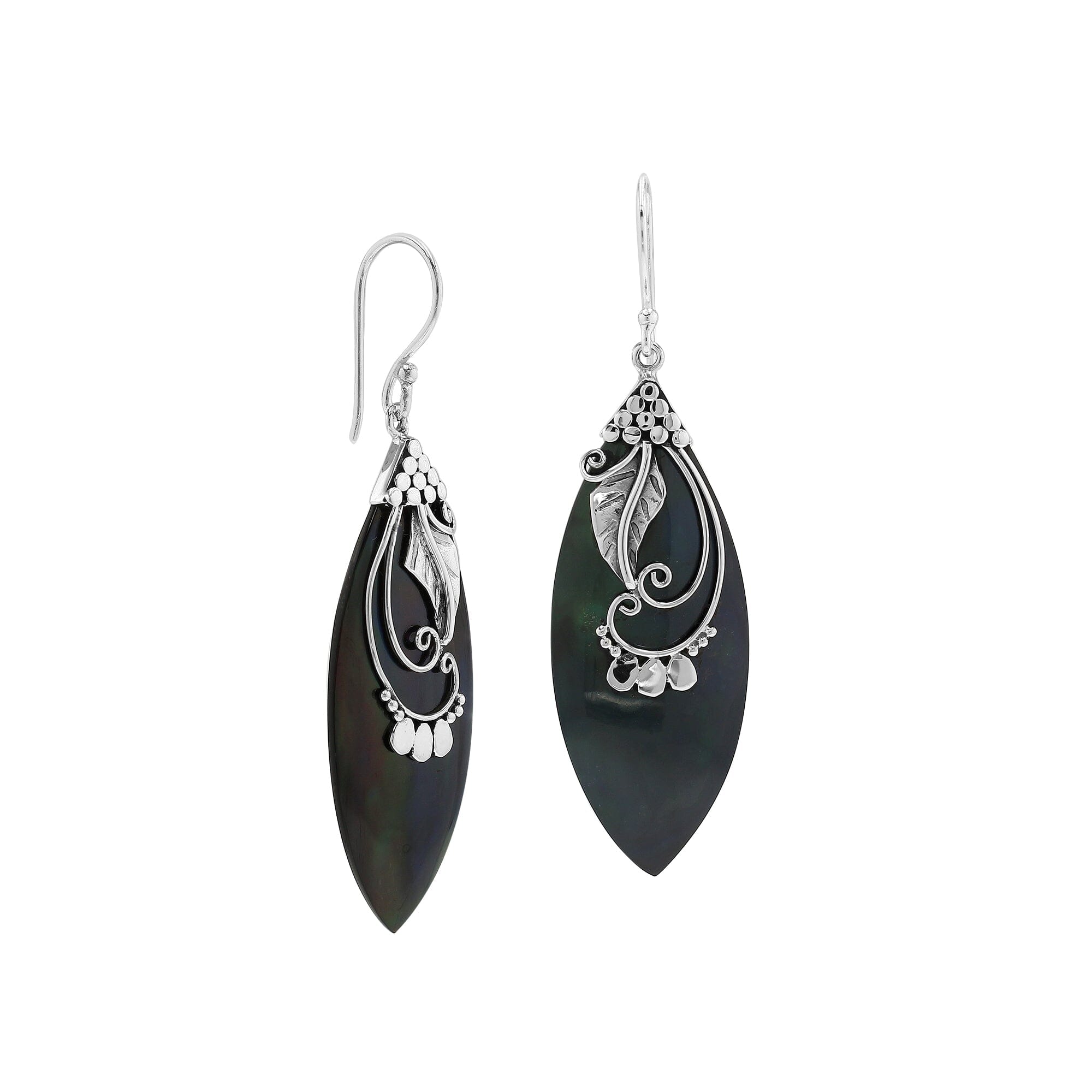 Sterling Silver Leaf Earrings With Black Shell