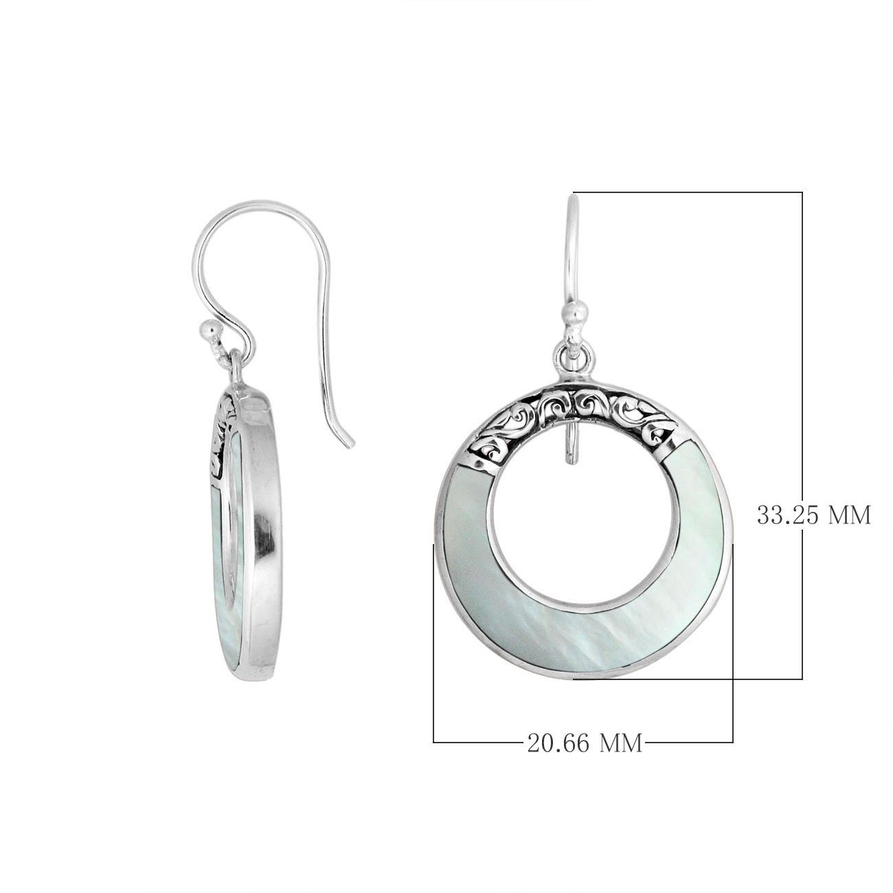 Sterling silver Mother Of Pearl round drop earrings with earwire lock