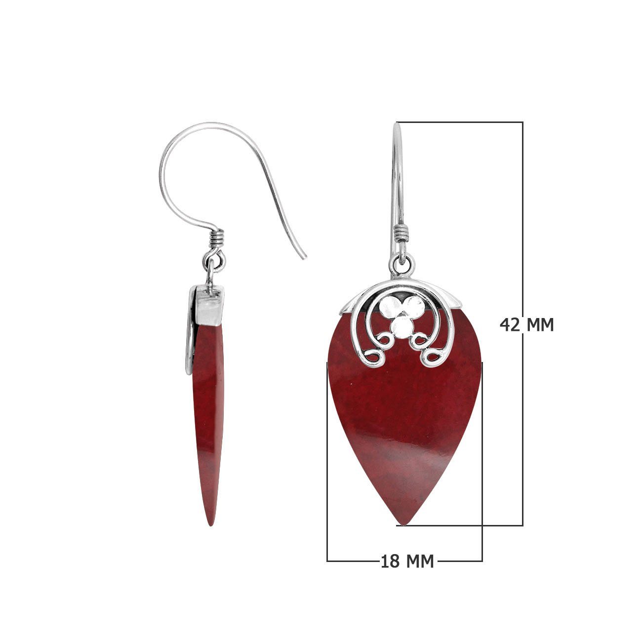 Sterling silver Red Coral fancy leaf drop earrings with earwire lock