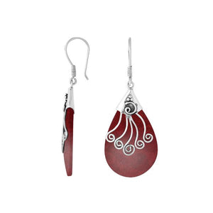Sterling silver Red Coral long teardrop earrings with earwire lock