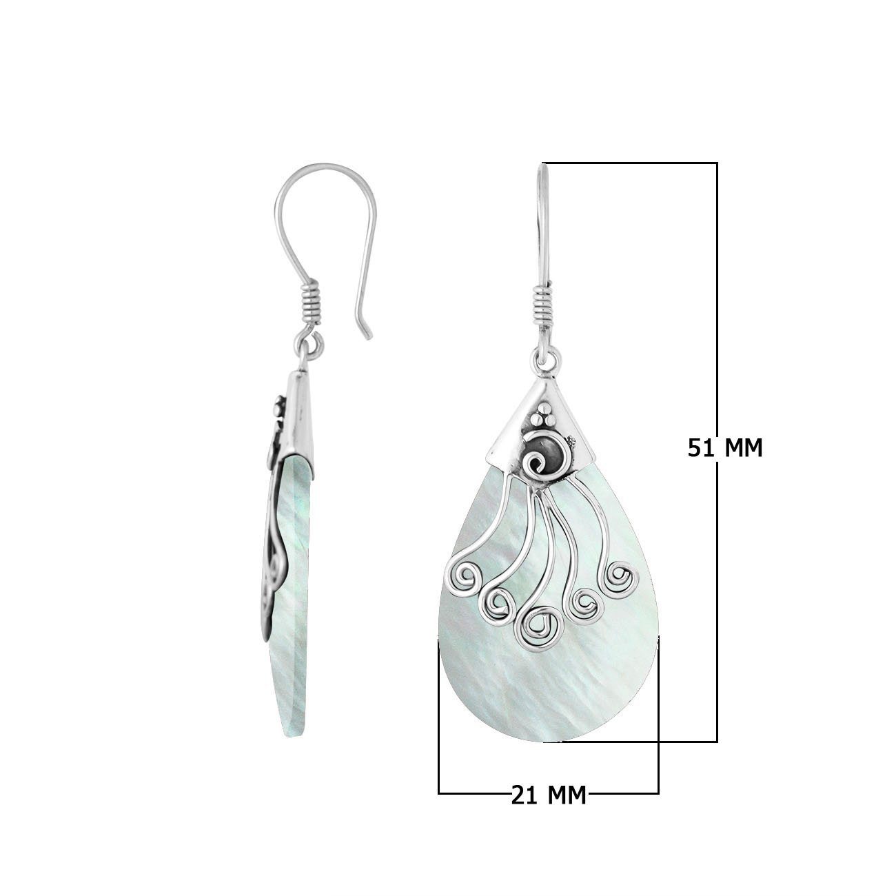 Sterling silver Mother Of Pearl long teardrop earrings with earwire lock