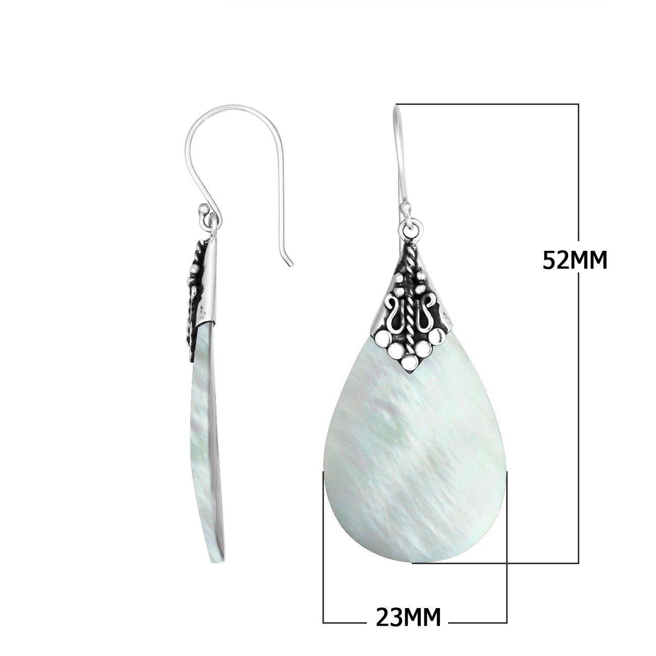Mother Of Pearl teardrop silver earrings with ornate detailing
