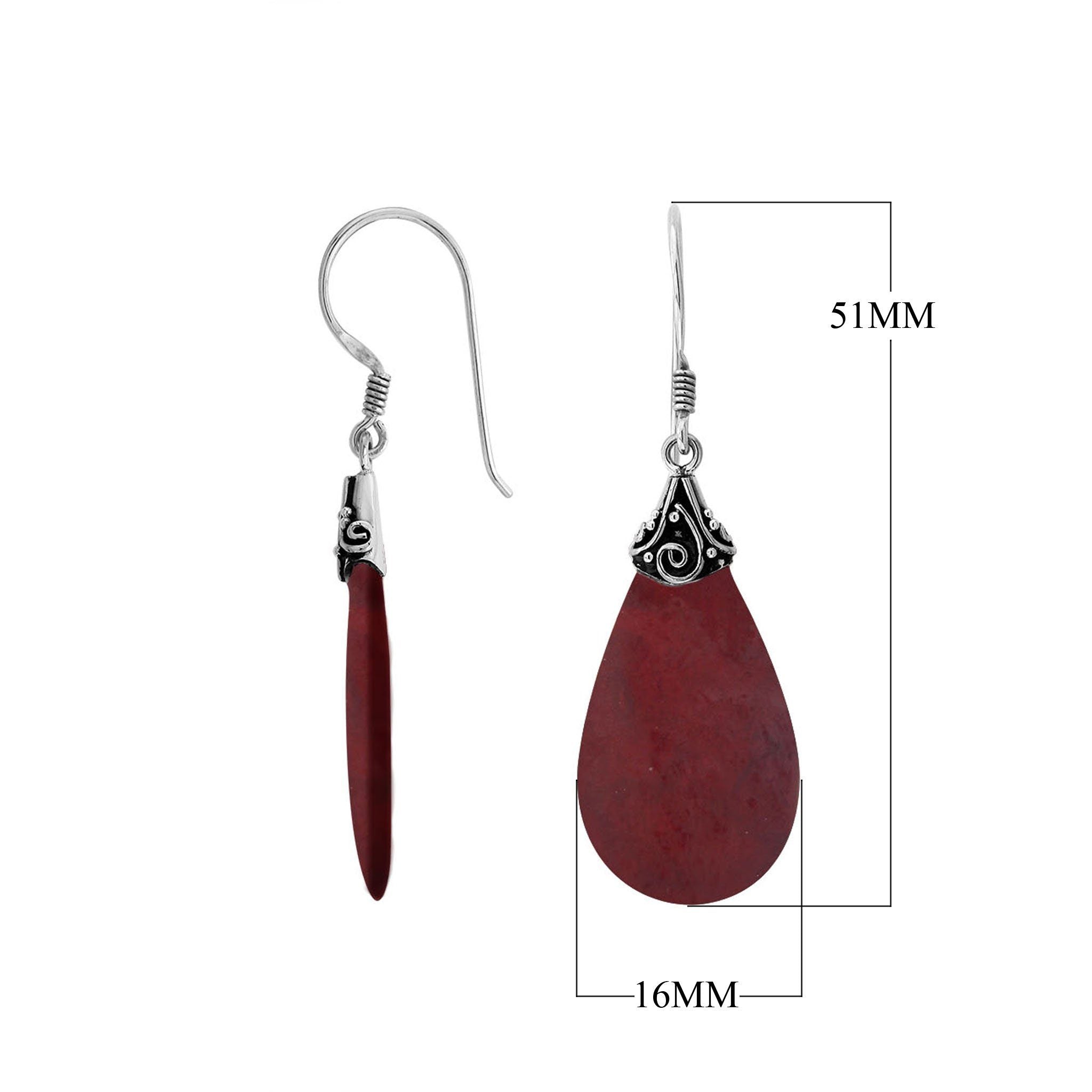 Red Coral teardrop silver earrings with swirl detailing