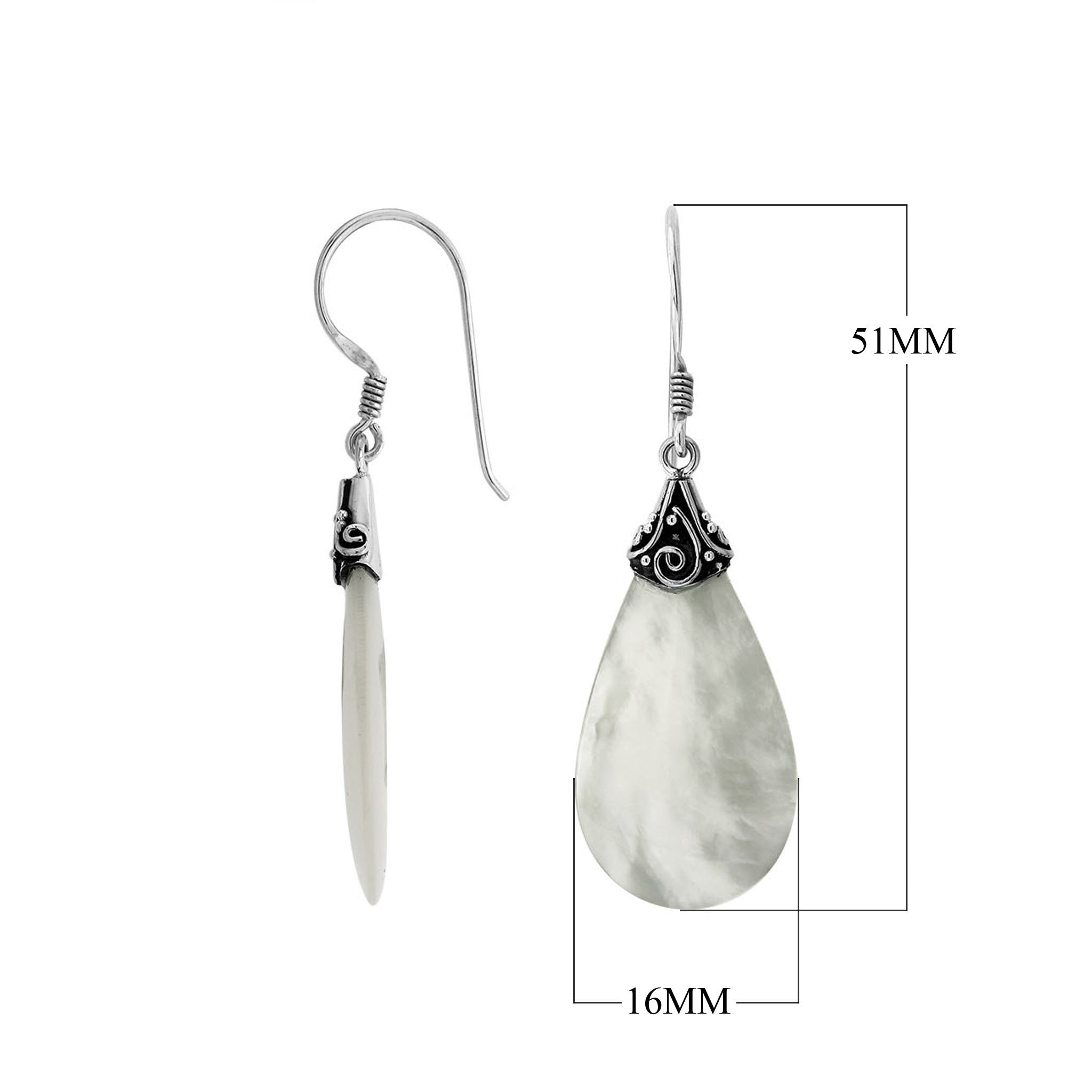 Mother Of Pearl teardrop silver earrings with swirl detailing