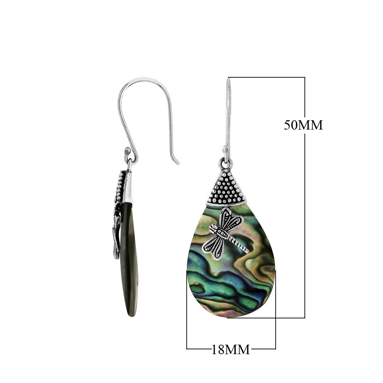 Abalone Shell teardrop silver earrings with dragonfly motif