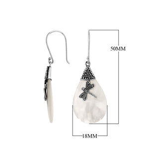 Mother Of Pearl teardrop silver earrings with dragonfly motif