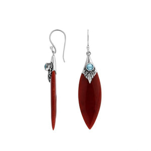 Sterling Silver Red Coral And Blue Topaz Quartz Marquise Drop Earrings