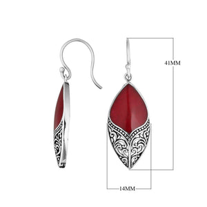 Sterling Silver Red Coral Marquise Drop Earrings With Earwire Lock