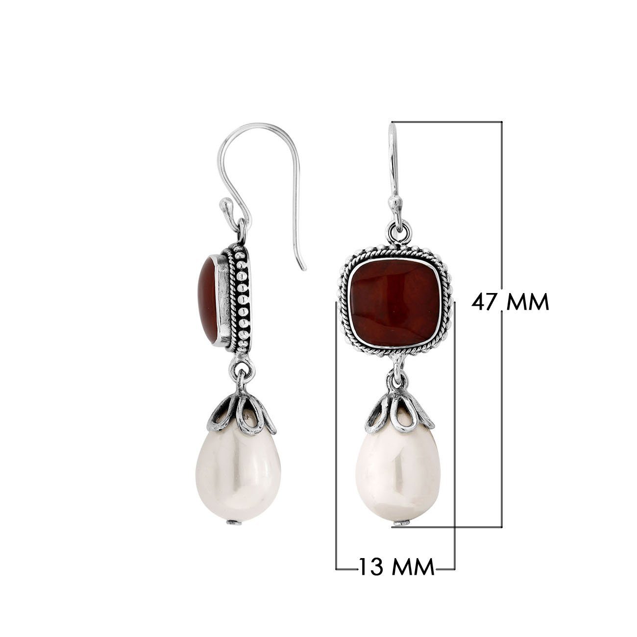 Sterling Silver Red Coral And Shell Pearl Drop Earrings With Earwire Lock
