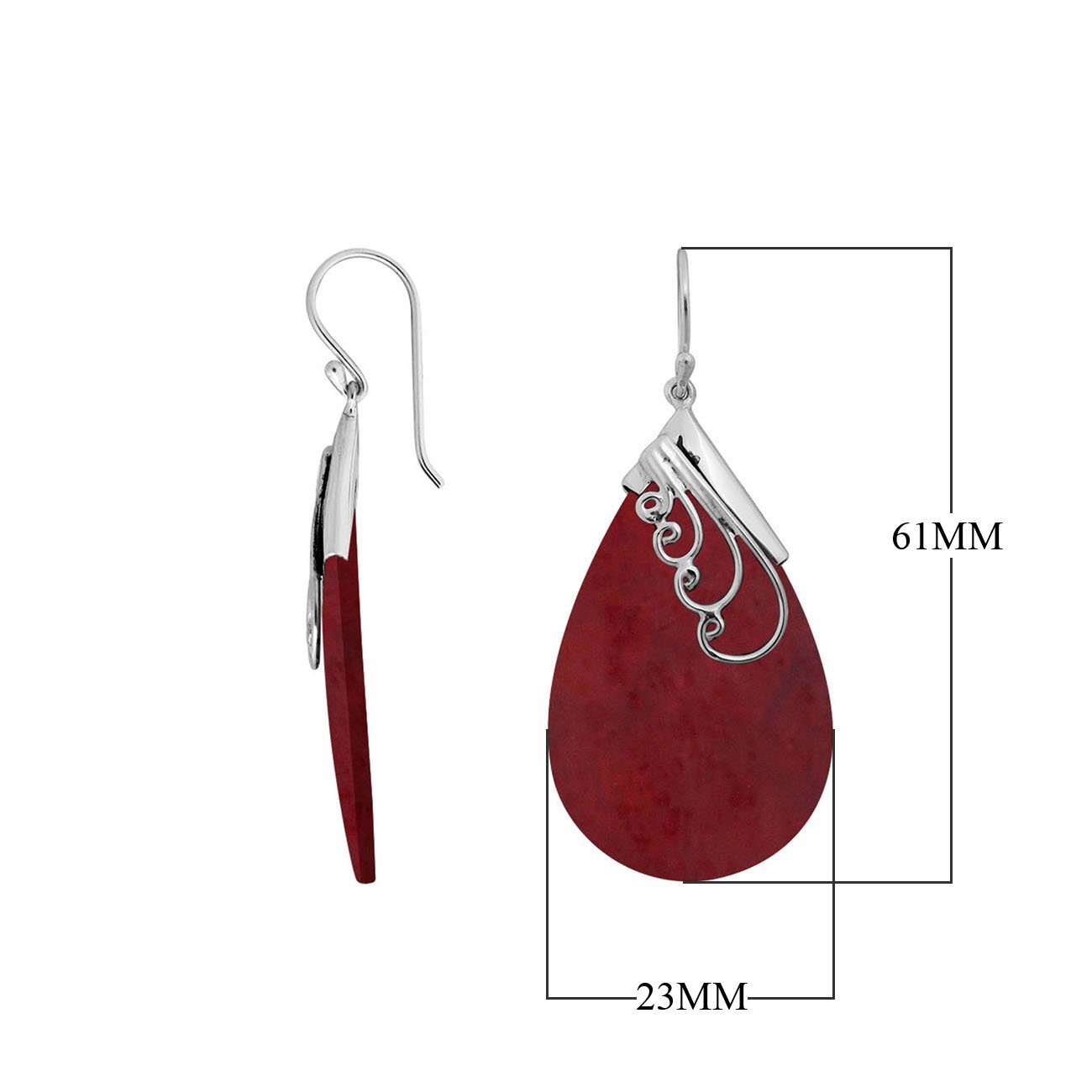 Silver Teardrop Earrings With Red Coral And Swirl Design