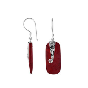 Red Coral Silver Rectangular Drop Earrings With Filigree