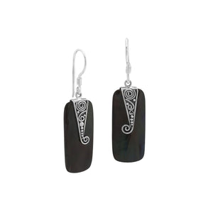 Black Shell Silver Rectangular Drop Earrings With Filigree