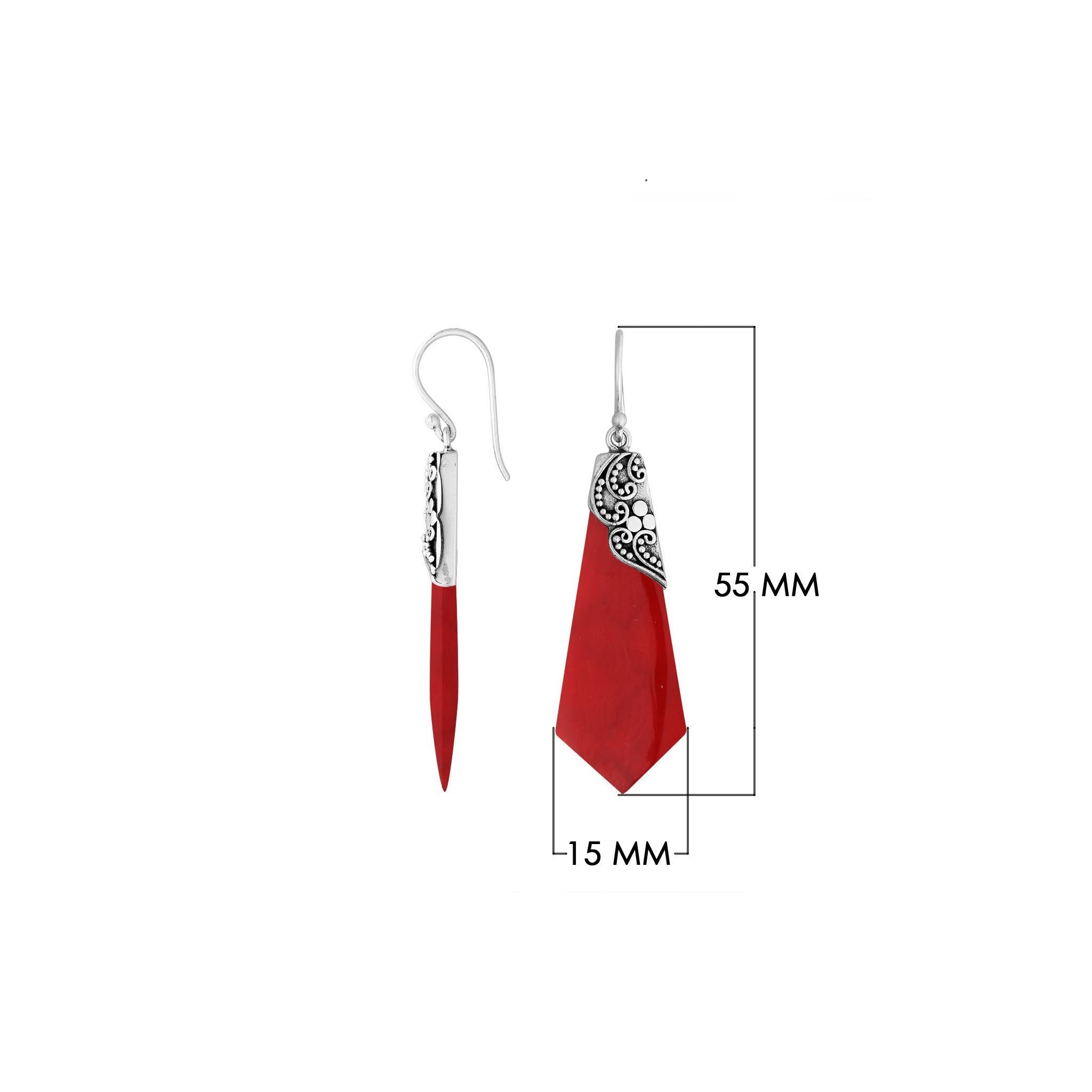 Red Coral Silver Geometric Drop Earrings With Filigree