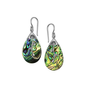 Abalone Shell Silver Teardrop Earrings With Leaf Pattern