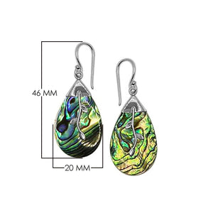 Abalone Shell Silver Teardrop Earrings With Leaf Pattern