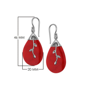 Red Coral Silver Teardrop Earrings With Leaf Design