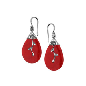 Red Coral Silver Teardrop Earrings With Leaf Design