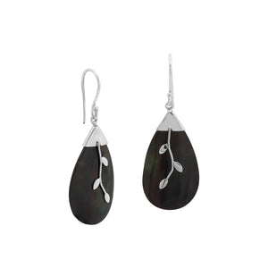 Black shell silver leaf motif dangle earrings