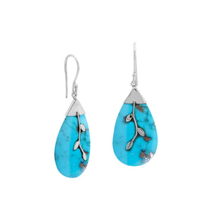 Turquoise shell leaf design silver dangle earrings