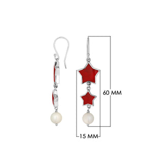 Red coral star earrings with pearl drop