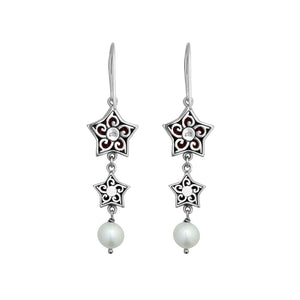 Red coral star earrings with pearl drop