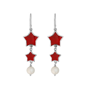 Red coral star earrings with pearl drop