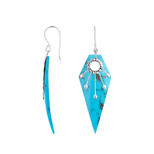 Turquoise Shell geometric silver sunburst shield earrings