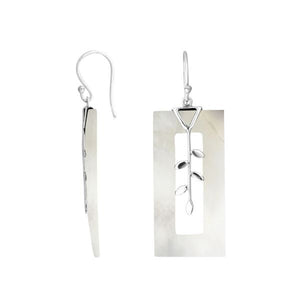 Sterling Silver Mother Of Pearl Rectangular Earrings With Leaf Vine Design And Earwire Lock For Wholesale Buyers